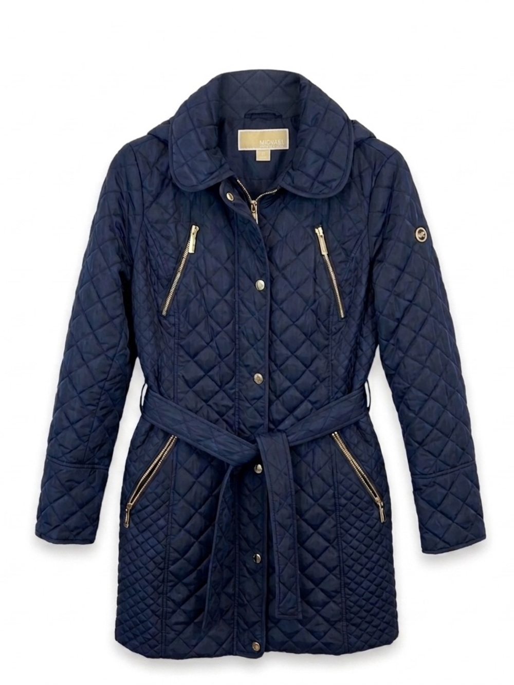 Michael Kors Navy Quilted Woman’s Jacket with Gold Accents and Removable Hood